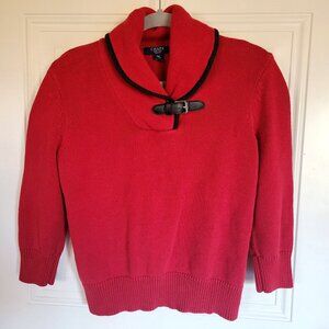 CHAPS Womens Sweater Size PM Red Black Trim Cowl Neck with Belt Buckle Detail